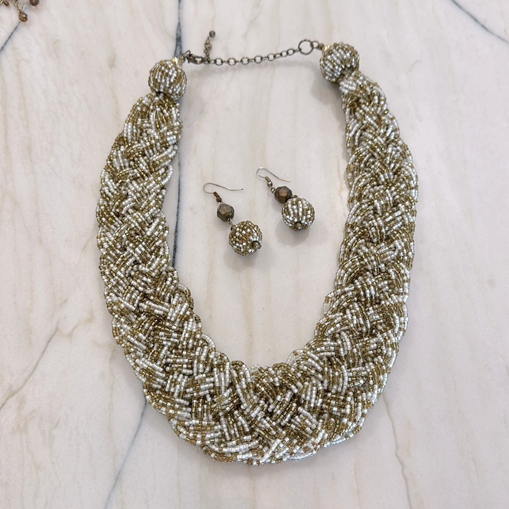 jewelry set large beaded braided fashion necklace & matching earrings